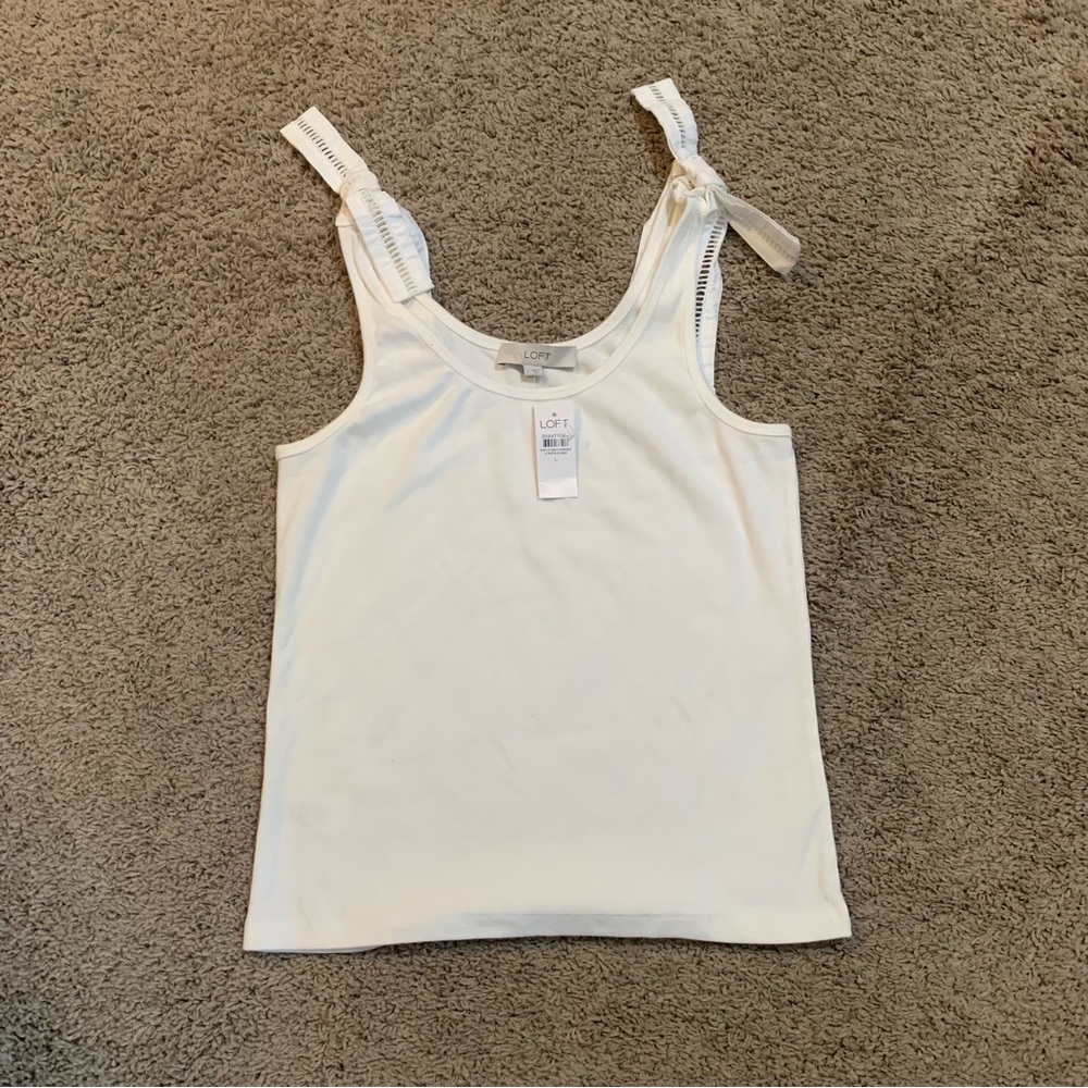 NWT LOFT Shoulder Bow White Ribbed Tank Top Large